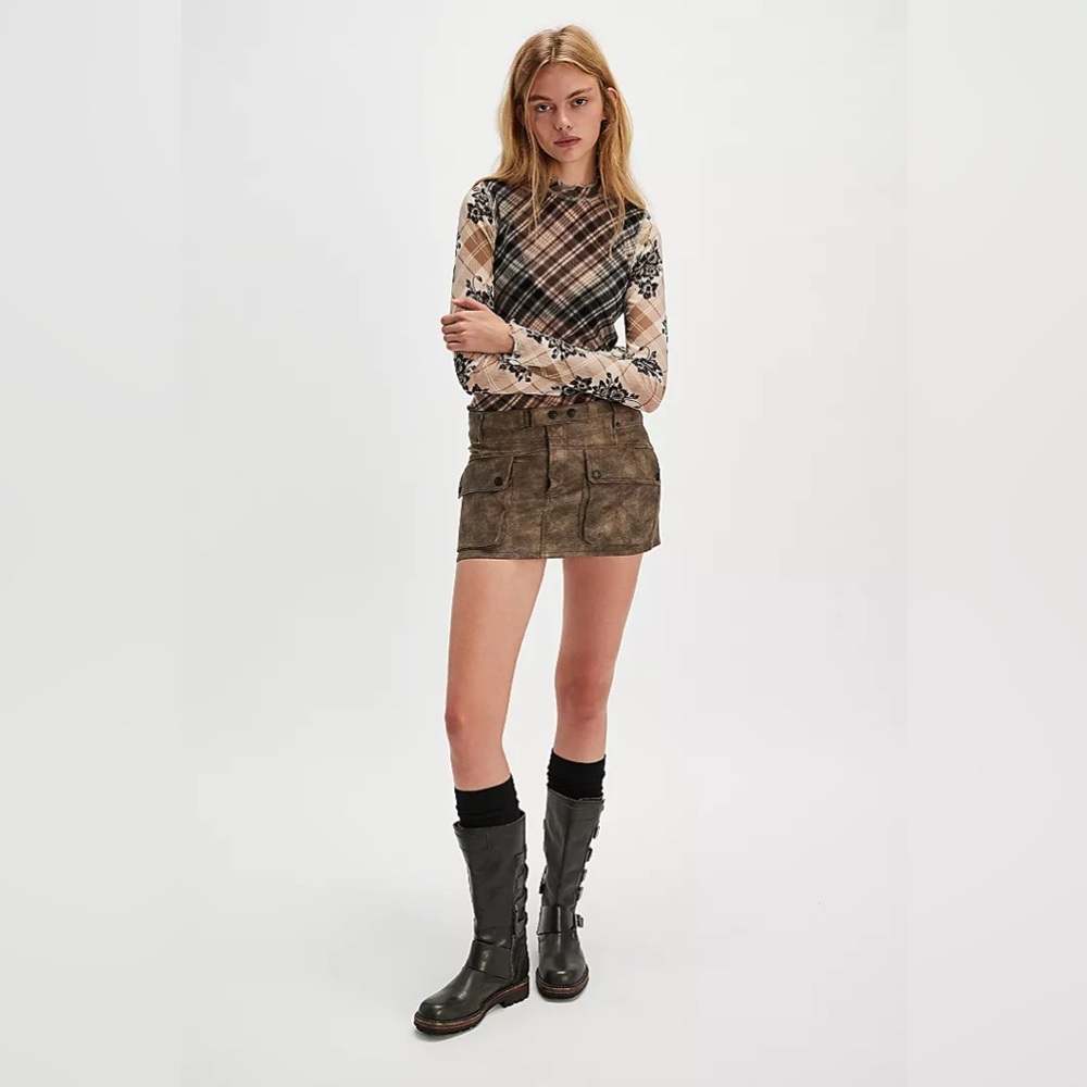 We The Free by Free People Mod Moment Western Mini Skirt Mocha sz 31